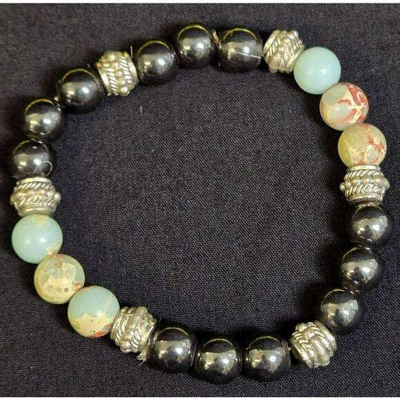 Unknown Jewelry - Hematite & Sea-Sediment Ocian Jasper Bracelet Healing Stones Silver Tone Spacer